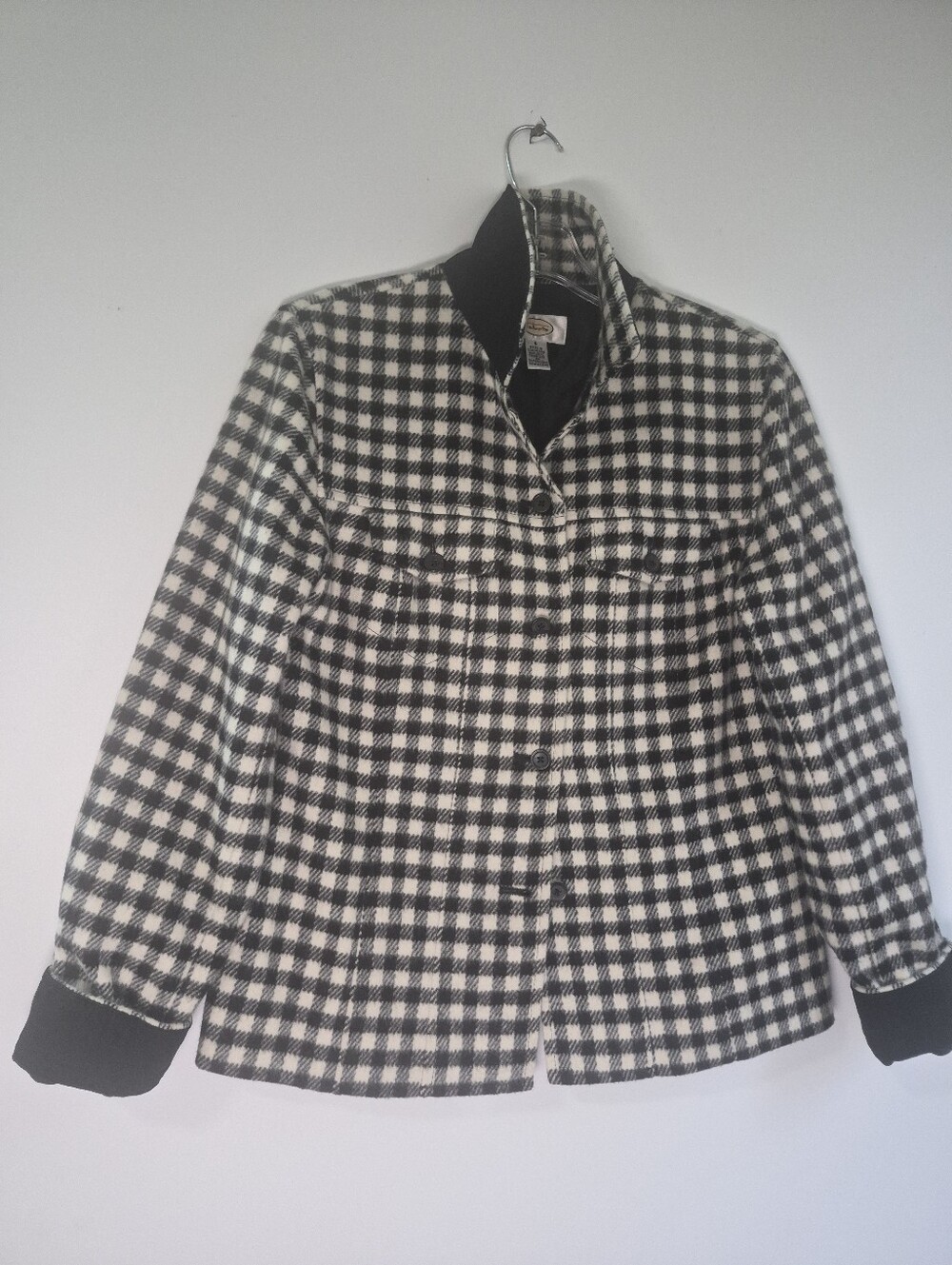 Talbots Wool Plaid Jacket Size 6 Black White Gingham with Corduroy Trim